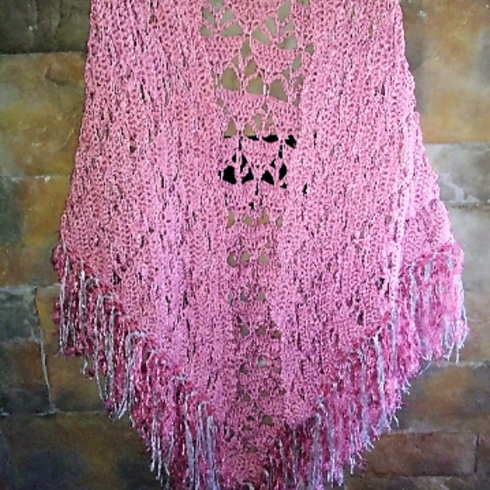 Hand Crocheted Shawl, Boho Inspired with Fringe, Dusty Rose,Rose & Silver Fringe